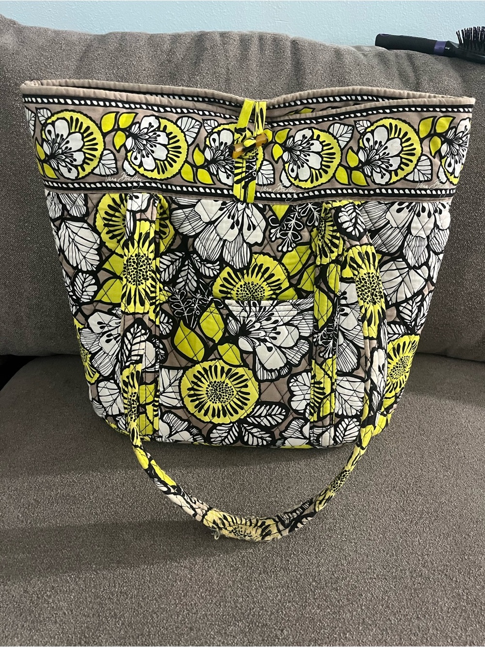 Vera Bradley Yellow, Cream and Black Floral Quilted Tote